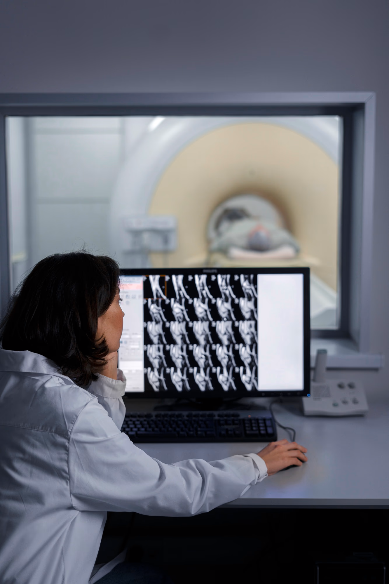 Médica analisando exames em computador com equipamento de ressonância ao fundo